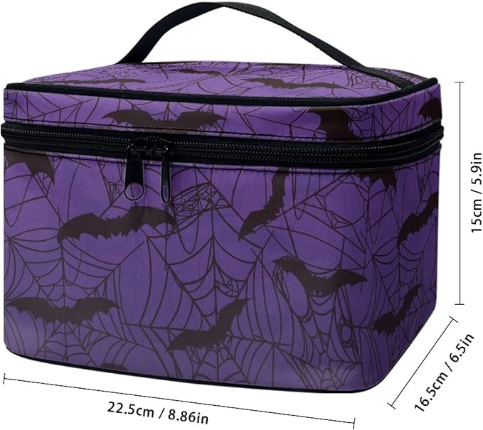 Purple Makeup Bag for Women Large Capacity Travel Makeup Bag with Handle Spider Web Bat Print Toiletry Bags for Travel Holiday Halloween Party