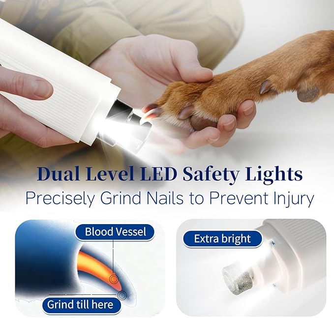 Dog Nail Grinder Quiet & Safe: 2-Speed Electric Grinder with 2 LED Lights & 2 Grinding Heads, Low Vibration & Silent Rechargeable Trimmer for Large Small Medium Dogs & Cats(White)