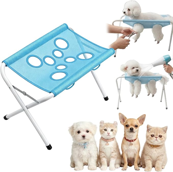 Pet Bathing Hammock, Foldable 8-Hole Grooming Stand for Small Pets (Blue) | Easier Pet Bathing, Less Scratches and Bites, Sturdy Frame Quick-Dry Mesh, Ideal for Dogs & Cats, Nail Trimming and Grooming