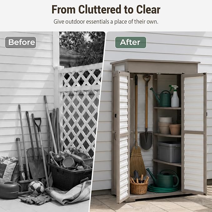 Ketive Outdoor Storage Cabinet, Fold-Down Shelf, 3 Shelves, 6 Hooks | Fir wood frame, textured plastic panels, and a sloped roof for patios, porches, gardens, and sheltered outdoor areas.