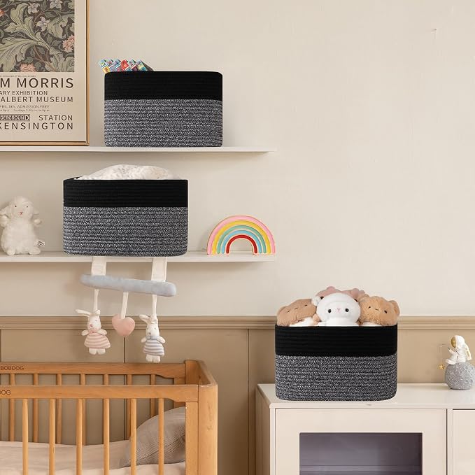 4 Pack Storage Baskets for Organizing, Woven Baskets for Shelves - Perfect for Toys, Books, Towels, and Clothes, Durable Gift Basket Bins Toy Storage, 12.7''Lx9''Wx7.8''H, Dark Grey and Black