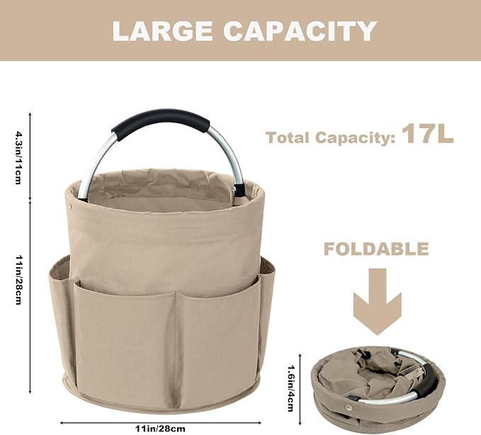 Cleaning Caddy with Handle, 17L Foldable Cleaning Supplies Organizer, Portable Storage Basket, Cleaning Supply Caddy, Multifunctional Cleaning Bucket Bag for Garden, Home, Kitchen (Khaki)