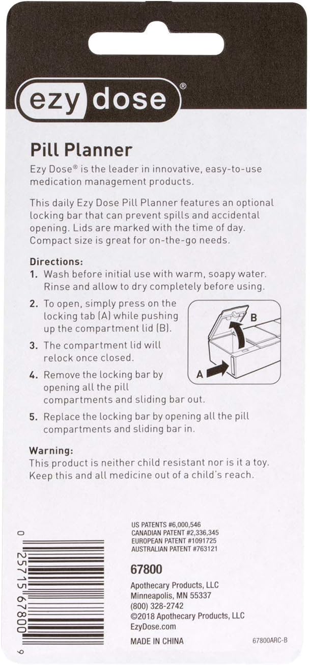 EZY DOSE Daily Pill Planner, Medicine Case, Vitamin Organizer Box, Locking Compartments to Secure Prescription Medication and Prevent Accidental Spilling, 4 Times per Day, Color May Vary, BPA Free