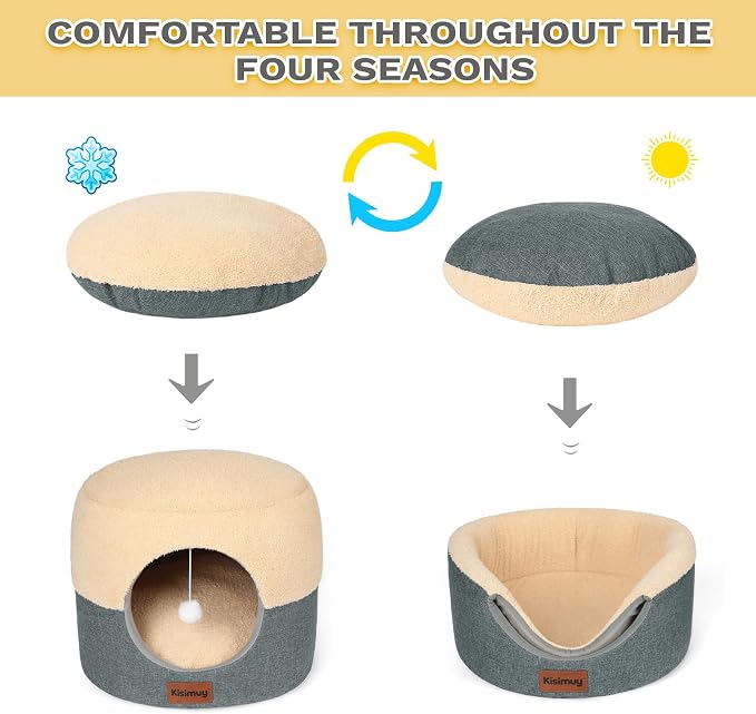 2-in-1 Foldable Cat Bed for Indoor Cats, Cat Cave & Sofa Bed | 19.7"D x 15"H, Reversible Plush & Linen Cushion,Enclosed Cat Bed, Hanging Cat Toys, Non-Slip, Large Cat Couch, Grey