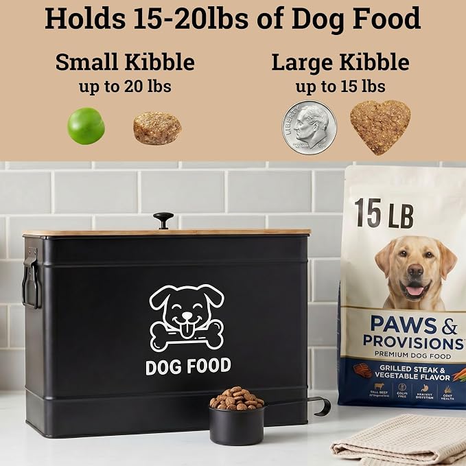 Metal Dog Food Container 15-20 lbs w/ Airtight Bamboo Lid, 70 Cup Capacity | Pet Jar For Dogs up to 100lbs, Airtight Bamboo Lid, Sturdy Comfortable Metal Handle, Powder Coated Iron, Kibble Storage Bin