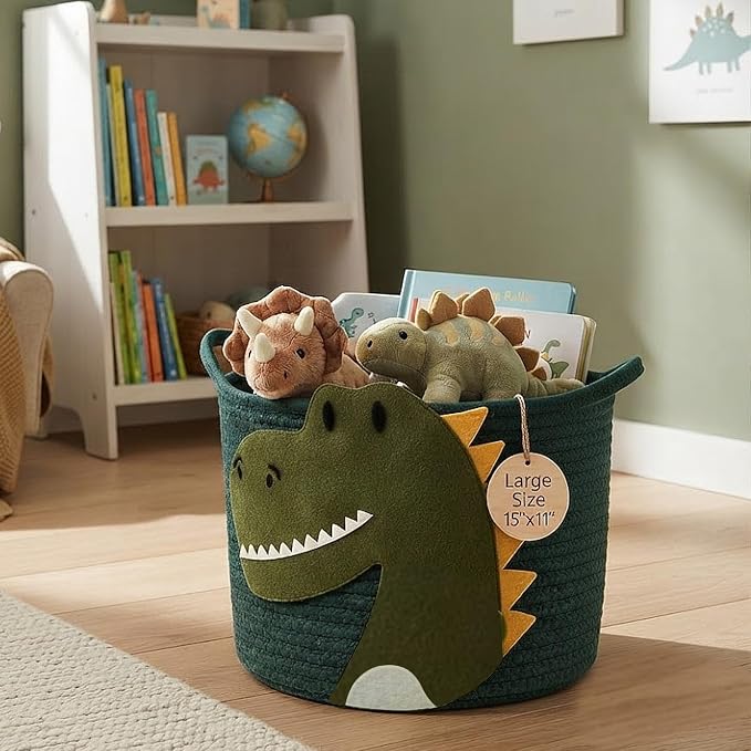 Nursery Storage Basket, Large Woven Cotton Rope Baby Bin with Dinosaur design, Strong Handles, Baby-Safe Kids Toy Organizer for Stuffed Animals, Laundry Hamper, Foldable & Washable (Dinosaur 35L)