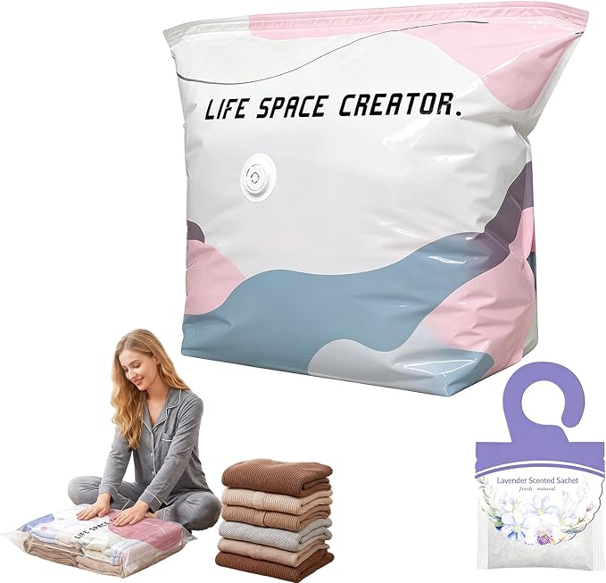 Large Capacity Vacuum Bags No Pump Needed, No Pump Large Vacuum Storage Compression Bags, Reusable No-Pump 3D Vacuum Storage Bags for Jumbo Clothes Bedding, Comforters, Off‑Season Gear (S-1PC)