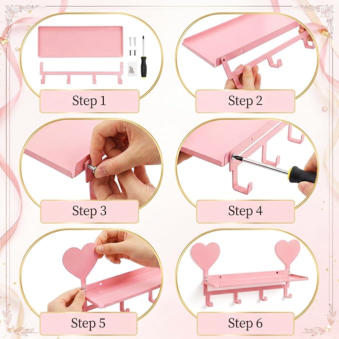 Pink Heart Metal Wall Mounted Coat Rack with Shelf 4 Hooks | Entryway Bedroom Organizer for Keys Purse Towel, Pet Leash Collar Hanger, Decorative Metal Shelf, Holds Bags Hats