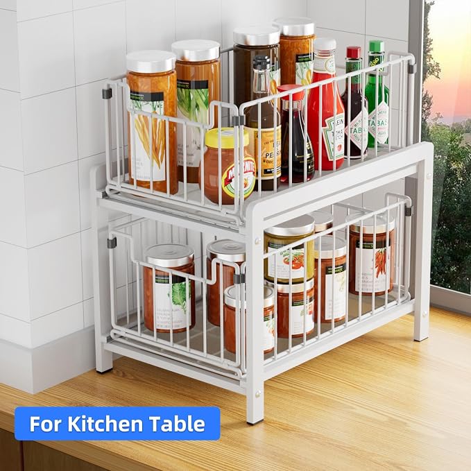 2-Tier Pull Out Cabinet Organizer, Slide Out Under Sink Organizer | Metal Cabinet Baskets with Mesh Sliding Drawer for Home, Office, Bathroom, Kitchen, Pantry Storage Shelf, Large White