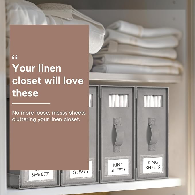 Bed Sheet Organizers and Storage, 4 Pack Foldable Linen Closet Organizers – Bedding Holder for Sheet Set (King/Queen Sizes), Duvet Covers, Blankets (Grey)