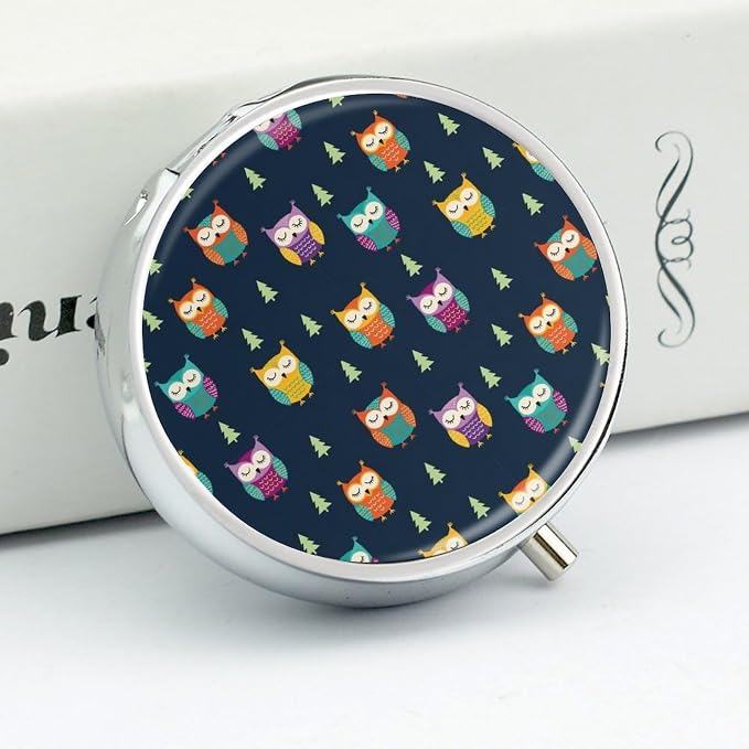 Small Pill Holder, Owl Round Waterproof Organizer, Travel Case for Vitamins, Pocket Purse Box for Daily Fitness