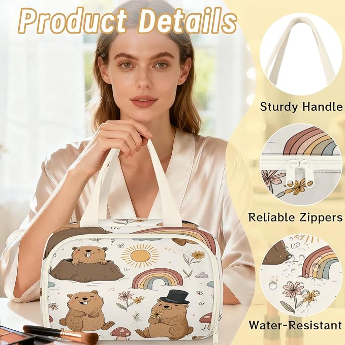 Cute Groundhog Travel Toiletry Bag for Women | Spring Floral Lightweight Waterproof Makeup Cosmetic Bag Large Tote Organizer for Traveling, Toiletries, Accessories