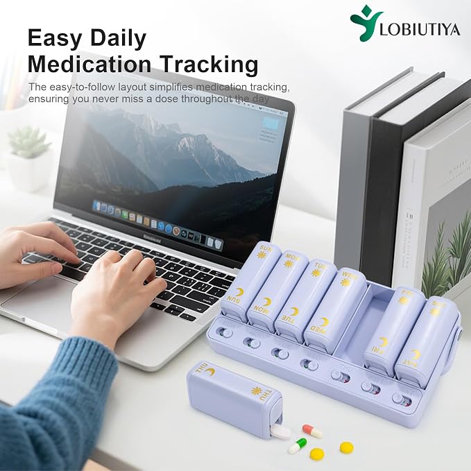 Weekly Pill Organizer 2 Times a Day, AM PM Travel Pill Organizer 7 Day for Vitamin Medicine Supplement Fish Oil, Blue Twice a Day Medicine Pill Box with a Rotatable Handle
