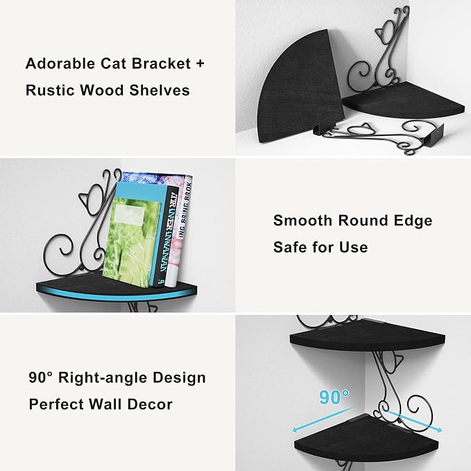 Alsonerbay 4-Tier Cat Shaped Corner Floating Shelf Wall Mount, Black | Curved solid wood, 35.2 lbs total capacity, reinforced metal bracket, rustic decor, for bedroom, living room & kitchen