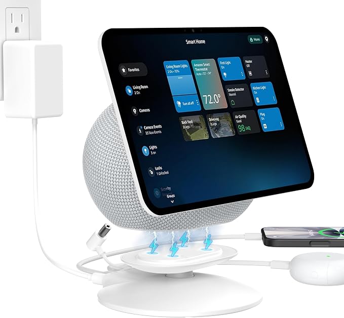 HomeMount Show 11 Stand, Magnetic Adjustable Charging Stand with USB-C & USB-A Ports, 270° Swivel Base, Fits Show 11 and 2025 Show 8, for Phones & Earbuds (Charging-White)