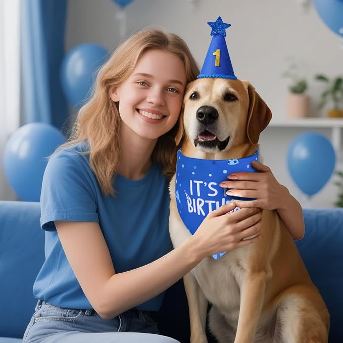 Blue Dog Birthday Party Supplies with Hat Bandana Numbers | Dog Birthday Set for Large Medium Boy Pets Puppy Cats