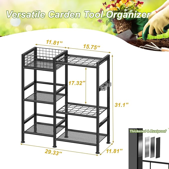 Garden Tool Organizer with Basket, 3-Tier Yard Storage Rack for Garage | 35 Long-Tool Slots: Steel rack adds 11 hooks, 10 small-tool slots, 2 metal clips and 4 leveling feet for sheds or yards.
