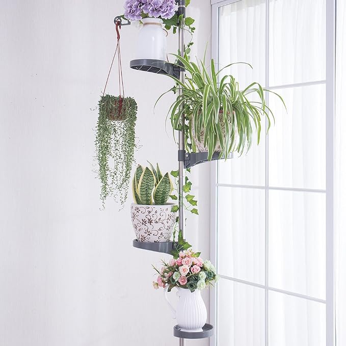 BAOYOUNI Plant Stand 5-Tier Tension Rod Pole Flower Holder Rack ，Grey | Indoor Vertical Garden Shelf，Space-Saving Corner Organizer,Adjustable Height for Flower Display Rack 4 Trays&1 Hook