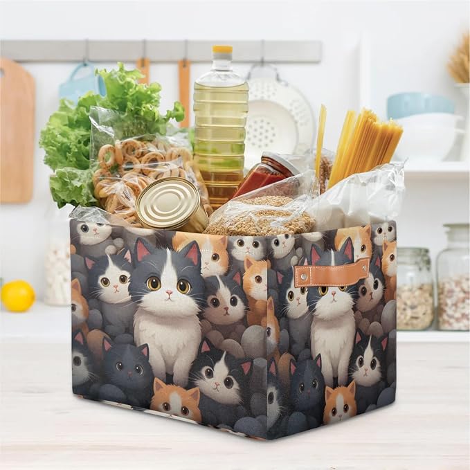 Cute Cats Storage Baskets Collapsible Storage Boxes Nursery Basket with Handles Fabric Storage Organizer Bins for Closet Shelves Book Cloth 15 X 11 X 9.5 IN