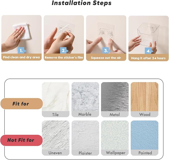 Clear Acrylic Pen Holder, 6 Pack Cabinet Door Organizer Adhesive, Bathroom Wall Mount Caddy Kitchen Plastic Storage Bin Box for Office Marker,Art Supply, Small Cleaning Supply, Seasoning Drink Packet