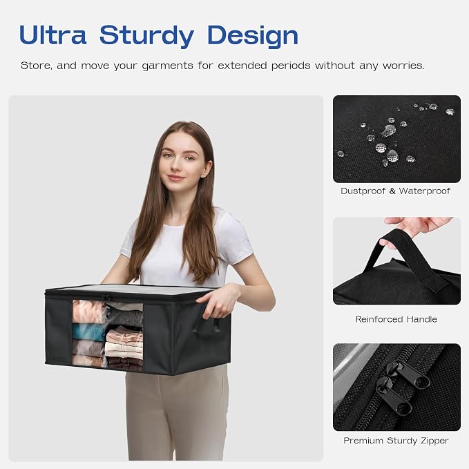 Clothes Storage Bags, Foldable Thick Fabric Blanket Storage Bags, Large Clear Window & Carry Handles, Great for Clothes, Blankets, Closets, Pillows (Black, 4PACK)