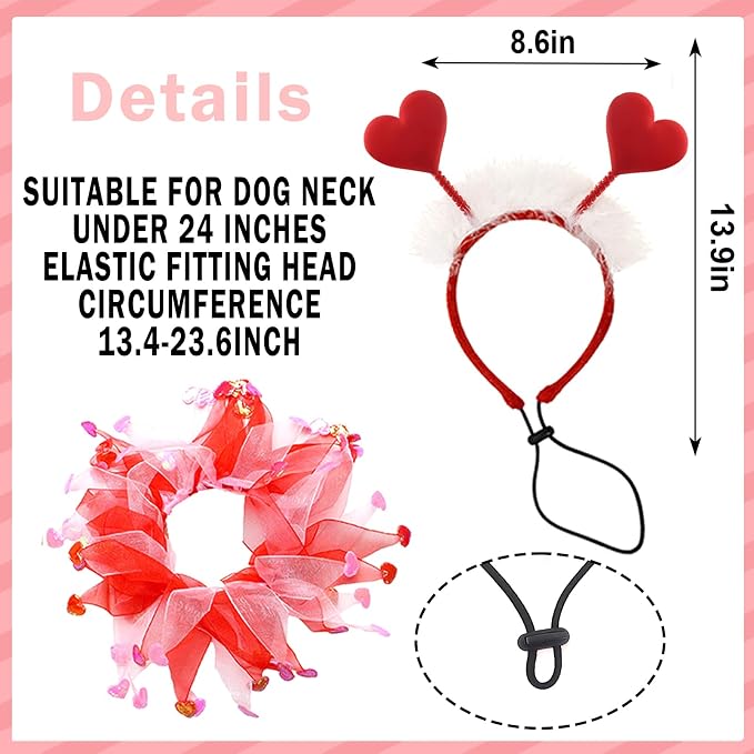Dog Outfit, Red Glitter Heart Dog Headband and Tutu Collar Costume Set, Valentine’s Party Accessories for Small Medium Large Dogs Style A