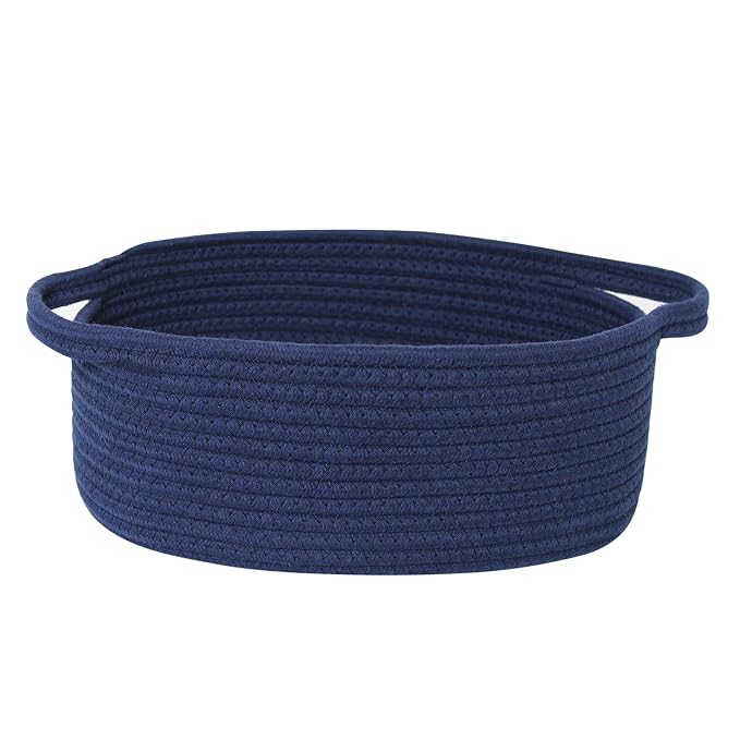 Small Blue Woven Basket, 13"x 9"x 5" Gift Basket Empty, Cotton Rope Kids Dog Cat Toy Bin Box, Cute Baby Nursery Easter Organizer, Decorative Wicker Storage with Handle, Navy Blue Room Decor