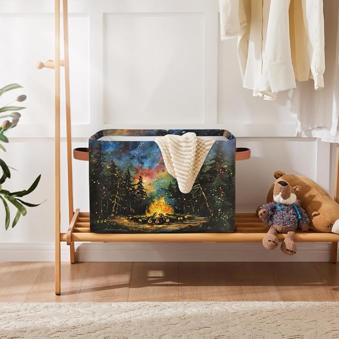 Pardick Storage Baskets Bin, Camping Campfire Collapsible Canvas Fabric Storage Bin Decorative Baskets Toy Organizer Rectangle Storage Boxes with Handles for Home Shelves Nursery,1Pack,A-955
