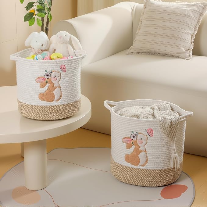Toy Storage Baskets Woven Cotton Rope Storage Basket for Kids, Blanket Baskets for Living Room Stuffed Animal Storage Toys Organizer with Embroidery Decor, Cute Baskets for Nursery (Bunny)
