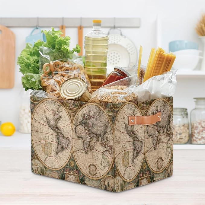 Globe Travel World Map Storage Basket Cloth Storage Cube Basket Bins | Collapsible Cloth with Handles Rectangular Toys Nursery Bedroom Home Office