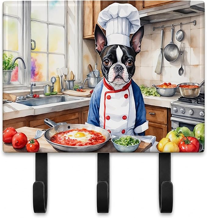 Caroline's Treasures Boston Terrier The Chef Leash or Key Holder Wall Hooks, Key Hooks Holder, Coat Rack Wall Mount, Coat Hooks, Hooks for Hanging Keys, Towels, Aprons, Leashes | Boston Terrier The Chef artwork on ceramic tile with three steel hooks fo...