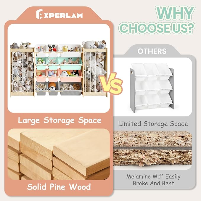 EXPERLAM Large Toy Storage Organizer, Wooden Stuffed Animal Storage & 12-Bins Toy Organizer, Double-Sided Plush Toy Holder Featuring Thicker Ropes, Space Save Playroom Bedroom Nursery Storage, Multi