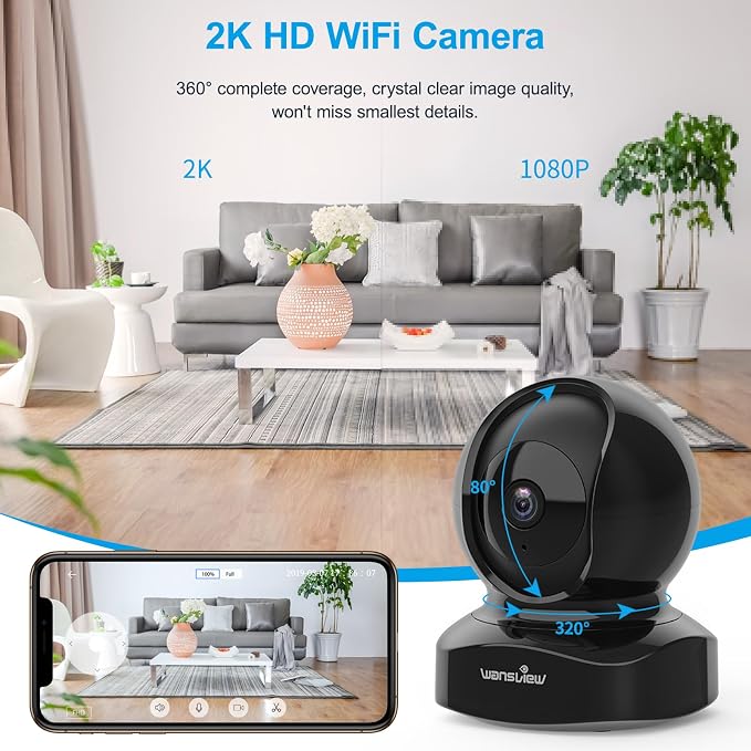 wansview 2K Indoor/Pet Cameras for Home Security, 2.4G WiFi Only, Q5 3MP B