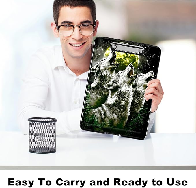 Three Gray Wolves A4 Clipboard with Storage Pen Holder, Clipboards Organizer Nursing Clipboard Foldable File Folder Plastic Clipboard Folio Clip Board for Office Students Classroom Doctor