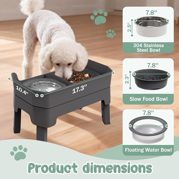 4 in 1 Adjustable Elevated Dog Bowls with 2*Stainless Steel Bowls, Anti-Spill Water Bowl, 4 Heights Raised Dog Bowl Stand for Small to Medium & Growing Large Puppies, Anti-Slip, Mess Proof Design