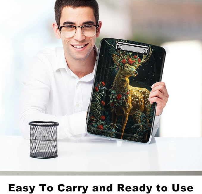 A4 Clipboard with Storage Pen Holder, Clipboards Organizer Nursing Clipboard Foldable File Folder Plastic Clipboard Folio Clip Board for Office Work Classroom Doctor, Rose Forest Deer
