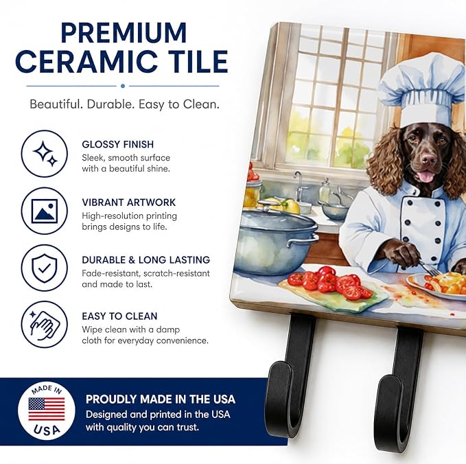 Caroline's Treasures American Water Spaniel The Chef Leash or Key Holder Wall Hooks, Key Hooks Holder, Coat Rack Wall Mount, Coat Hooks, Hooks for Hanging Keys, Towels, Aprons, Leashes | American Water Spaniel The Chef artwork on ceramic tile with thre...