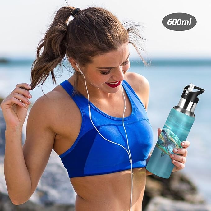 Turtle Teal Underwater Water Bottle with Straw Lid Kids Insulated Stainless Steel Water Flask Sports, 20 Oz Hot Cold