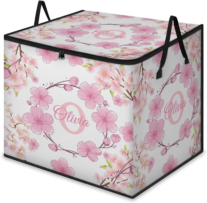 Personalized Extra Large Storage Basket with Lid, Comforters, Bedding Quilt Storage Bin Initial Letter for Home, Collapsible Basket for Clothes, Moving, Car Trunk, Pink Cherry Blossom Flower