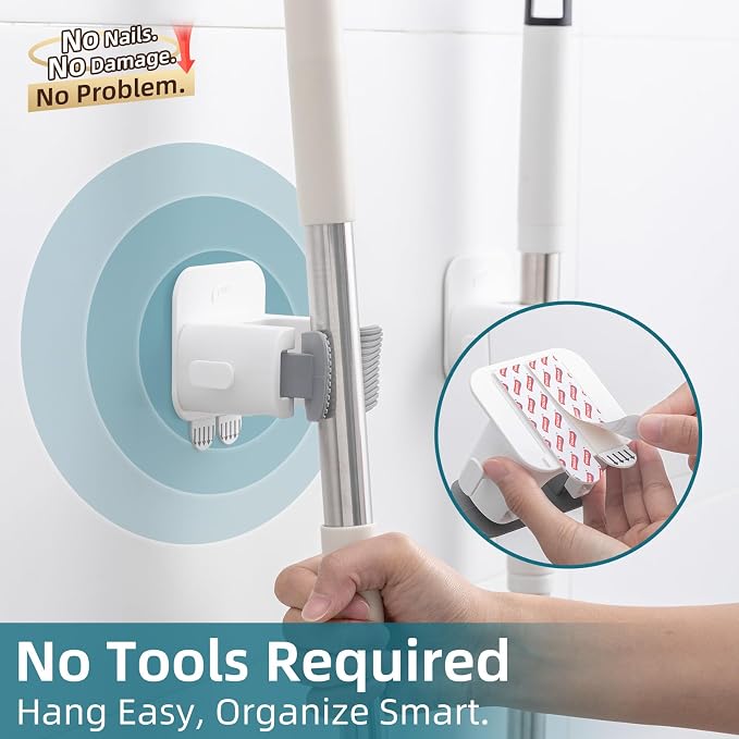 TAILI Mop and Broom Holder Wall Mount Grippers, 3 Hangers and 8 Adhesive Strips, Damage Free Hanging Wall Mount, Household Cleaning Organizer for Organization and Storage, Holds up to 4 lbs, Grey