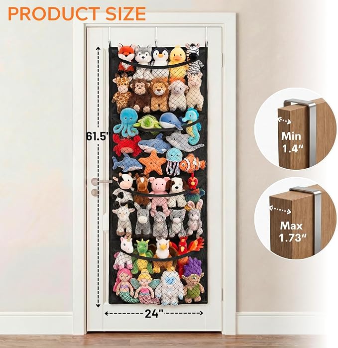 Over The Door Stuffed Animal Storage, Wide, Cotton | Toy Organizer for Storage Plush Toys, Stuffed Animal Holder with 4 Large Pockets, Hanging Door Organizer for Nursery