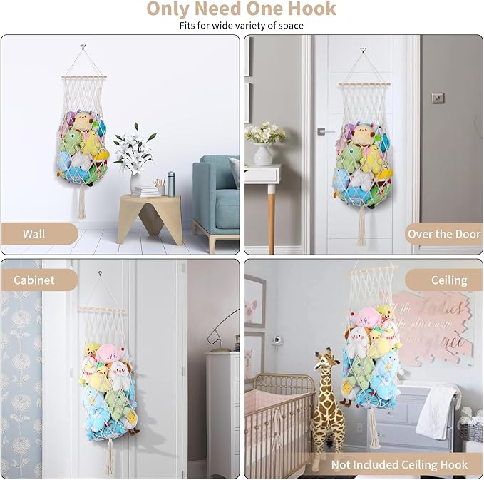 68 Inch Stuffed Animal Storage Net Corner Stuffy Hammock,Cream | Boho Macrame Large Toy Hammock for Stuffed Animals Organizer,Wall Ceiling Over Door Stuffy Storage Holder,Nursery Room Decor