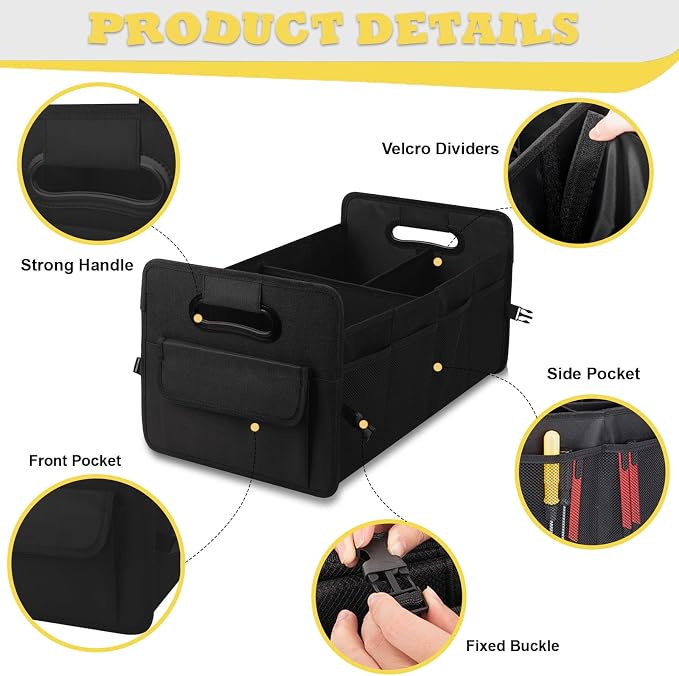 JiatuA Car Trunk Organizer, Car Organizers and Storage Collapsible Multi Compartment Container Box, Adjustable Car Accessories for SUV Sedan Truck, Standard Size, Black | Sturdy, Large Capacity, Clean Decor, Multi Compartment Container Box, Adjustable ...