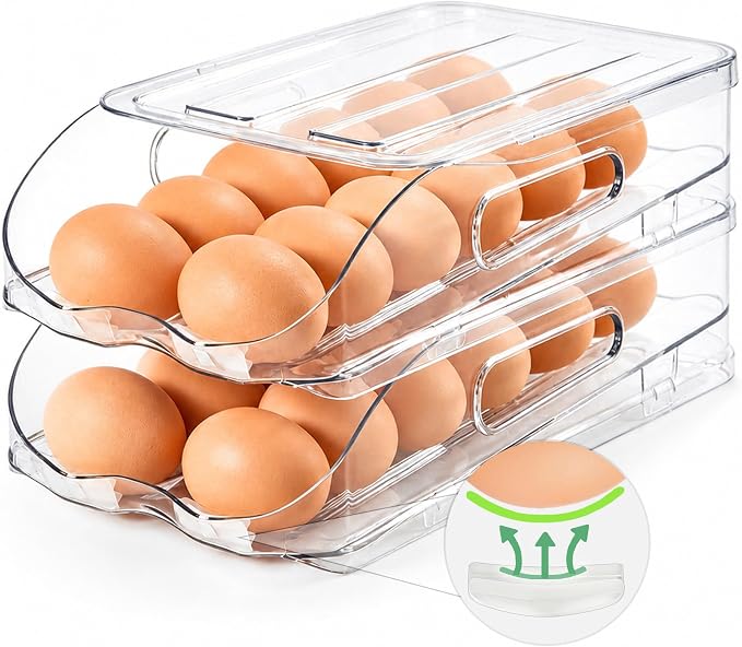 SMRCAD 24-Egg Dispenser with Silicone Bumpers, Auto-Rolling, Stackable | BPA-free food-grade PET | Stackable with lid | Built-in handle | Fits Large to Jumbo Eggs | Hand wash only
