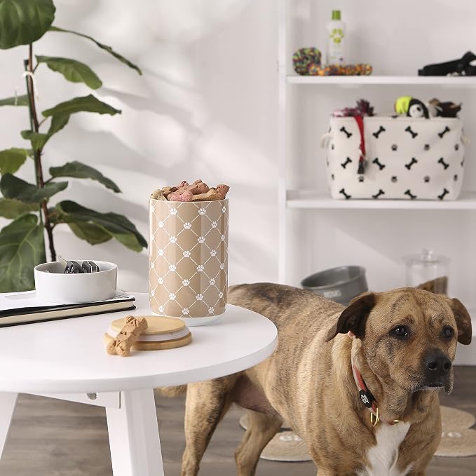 Bone Dry Trellis Paw Print Pet Treat Canister with Bamboo Lid Dog & Cat Treat Jar for Countertop Storage, Keep Training Bones & Biscuits Handy, 4x6.5 inches, Taupe