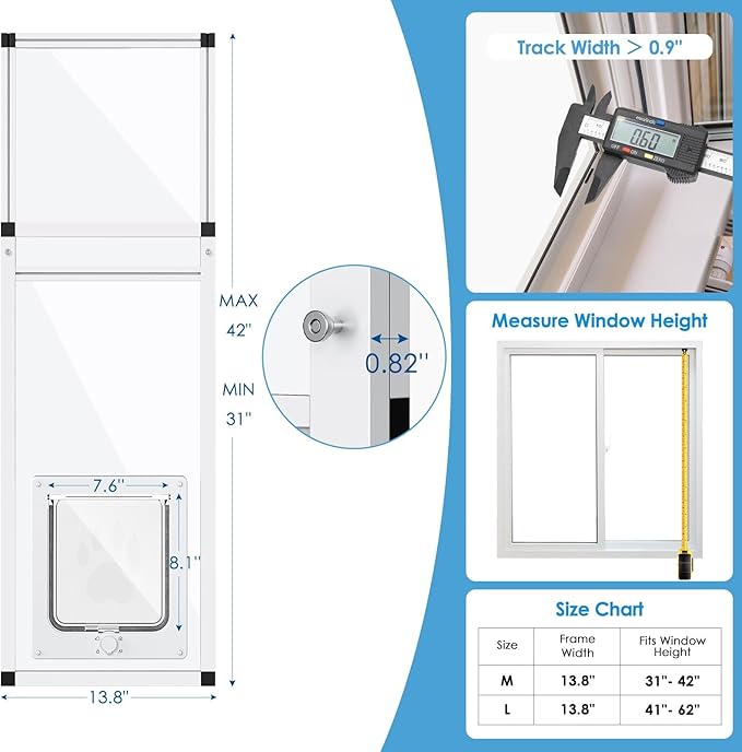Vertical Cat Door for Window, Fits 31"-42" Height Window, 1-Min Install | Aluminum Frame + HD Glass | Weatherproof Design | Magnetic Closure Window Cat Door Insert, Adjustable Pet Door Window for Cats