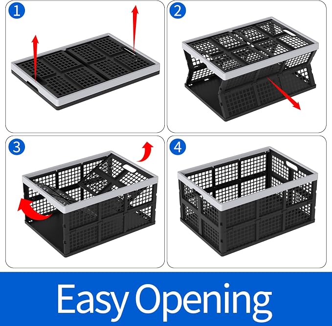 Sandmovie 4 Packs 66 Liter Large Plastic Collapsible Storage Crates | Folding Stackable Storage Crates