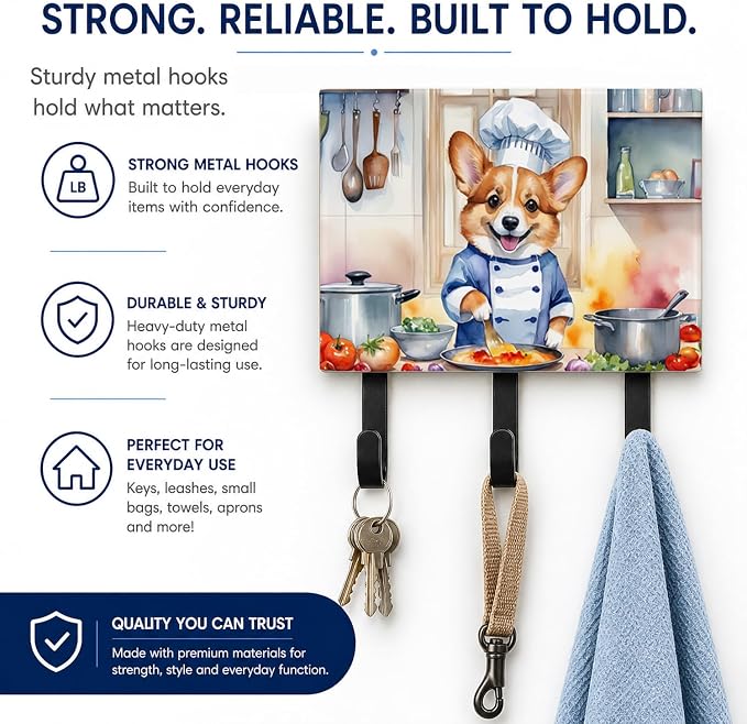 Caroline's Treasures Corgi The Chef Leash or Key Holder Wall Hooks, Key Hooks Holder, Coat Rack Wall Mount, Coat Hooks, Hooks for Hanging Keys, Towels, Aprons, Leashes | Corgi The Chef artwork on ceramic tile with three steel hooks for keys, leashes, t...