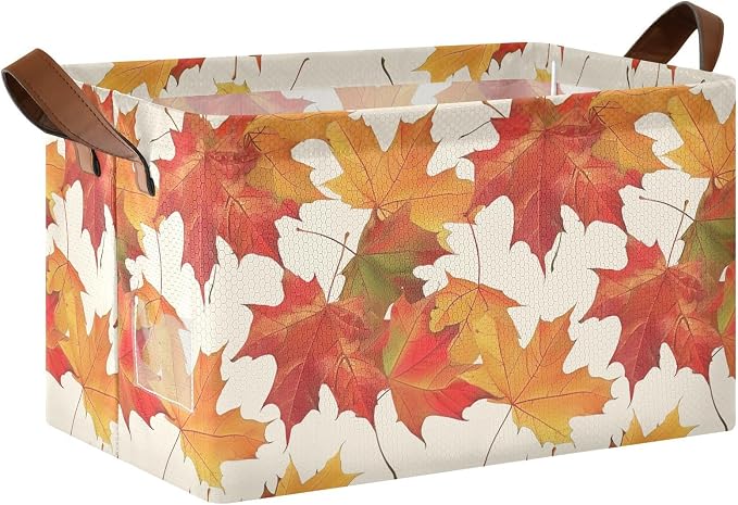 Orange Fall Maple Leaves Beige Storage Bins for Shelves with Labels&Handles Fabric Organizer Bin Foldable Rectangle Storage Basket Boxes for Closet, Bathroom, Home, Living Room