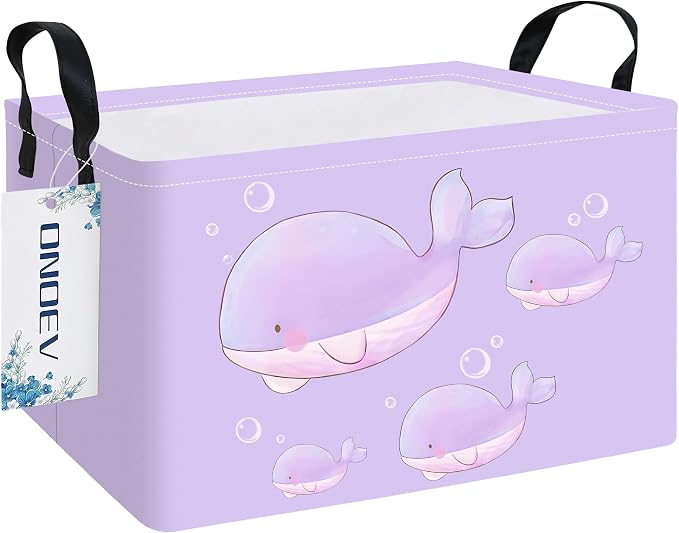 Rectangular Purple Whale Waterproof Collapsible Storage Bin Organizer | stain-proof canvas, reinforced handles, planet print for laundry, study, living room, hallway, closet and playroom